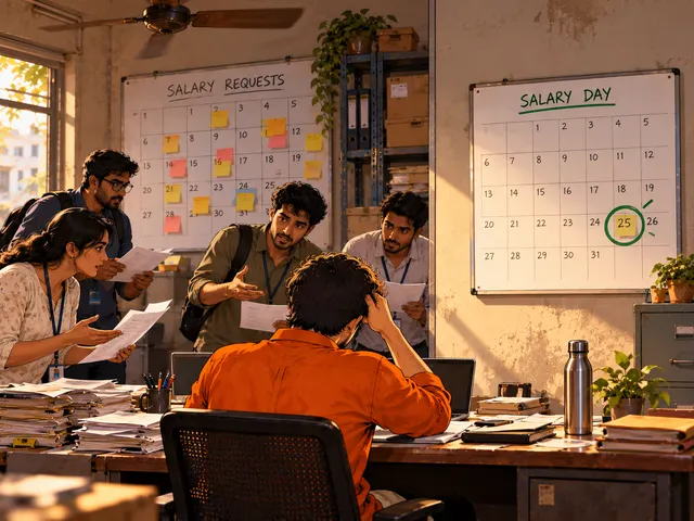 Illustration: a stressed founder at his desk is surrounded by staff with papers, beside boards for salary requests and salary day.