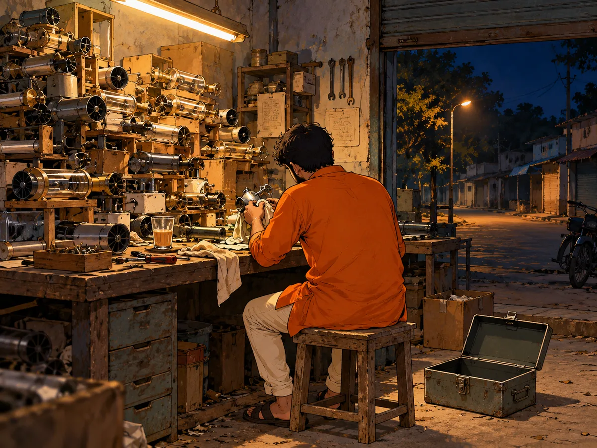 Illustration: a founder works late at a workbench crowded with unsold parts, the street outside dark and empty.