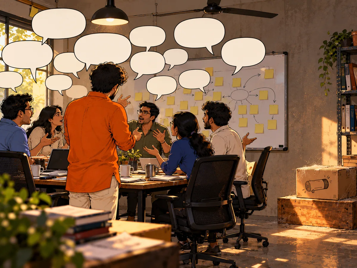 Illustration: a meeting full of empty speech bubbles while an unopened box of product sits in the corner.