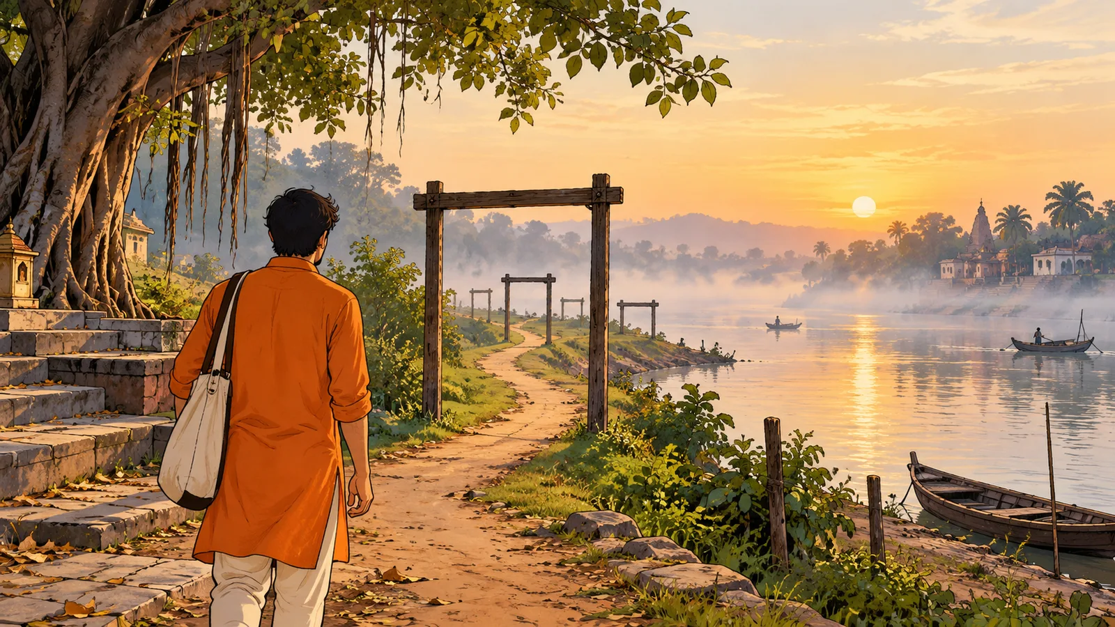 Illustration: a founder in a saffron kurta walks a riverside path through a series of wooden gateposts at sunrise.