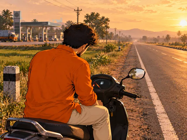 Illustration: a founder on a scooter at the roadside looks at an almost-empty fuel gauge, a fuel station far behind him.