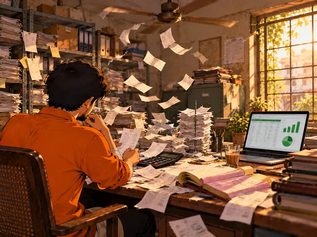 Illustration: a founder buried in flying paper bills and receipts at his desk, a laptop with a tidy spreadsheet ignored beside him.