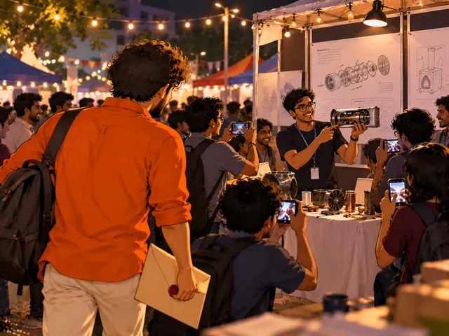 Illustration: at a crowded evening expo, people photograph a prototype and its drawings while the founder holds a sealed envelope.