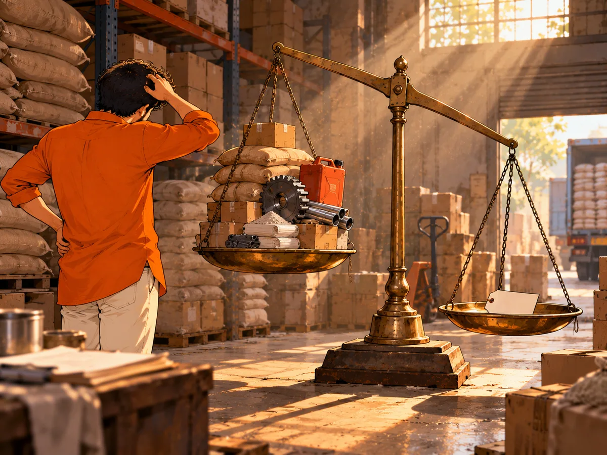 Illustration: in a warehouse, a founder holds his head beside a scale where heavy materials outweigh a single price tag.