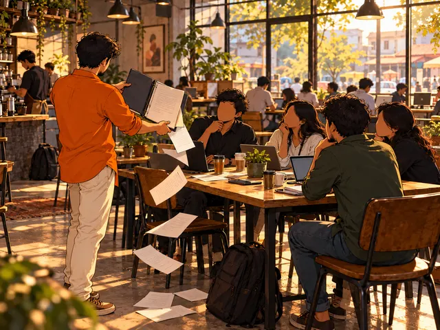 Illustration: in a busy café, a man in a saffron shirt shows a company folder to people at another table, papers slipping to the floor.