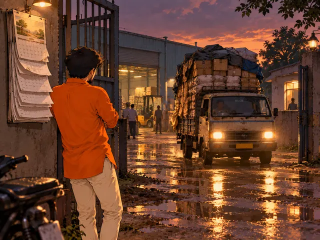 Illustration: a founder waits at a factory gate beside a calendar with many torn-off pages as an overloaded truck finally arrives in the rain.